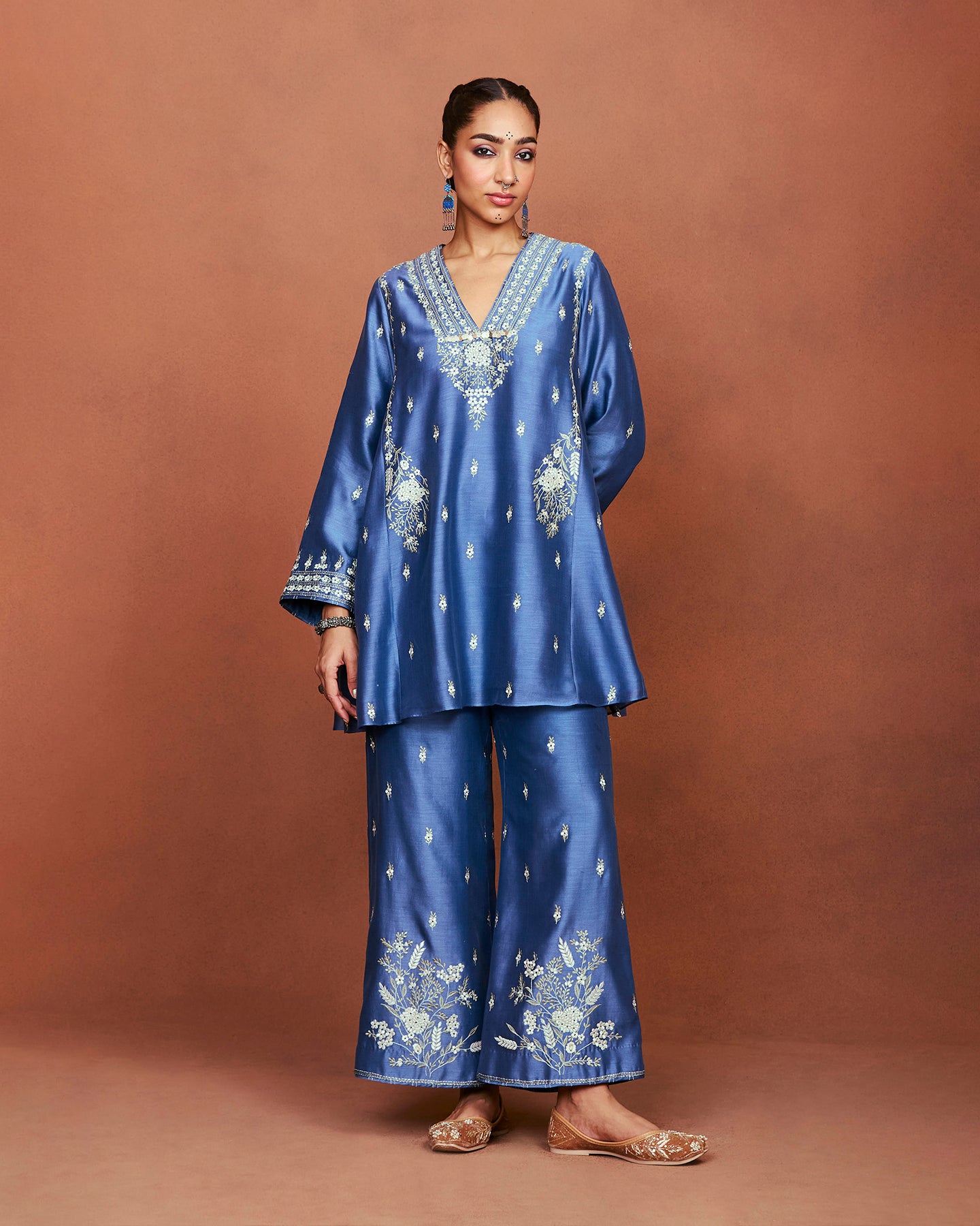 Azi Medium Blue Short Kurta Set