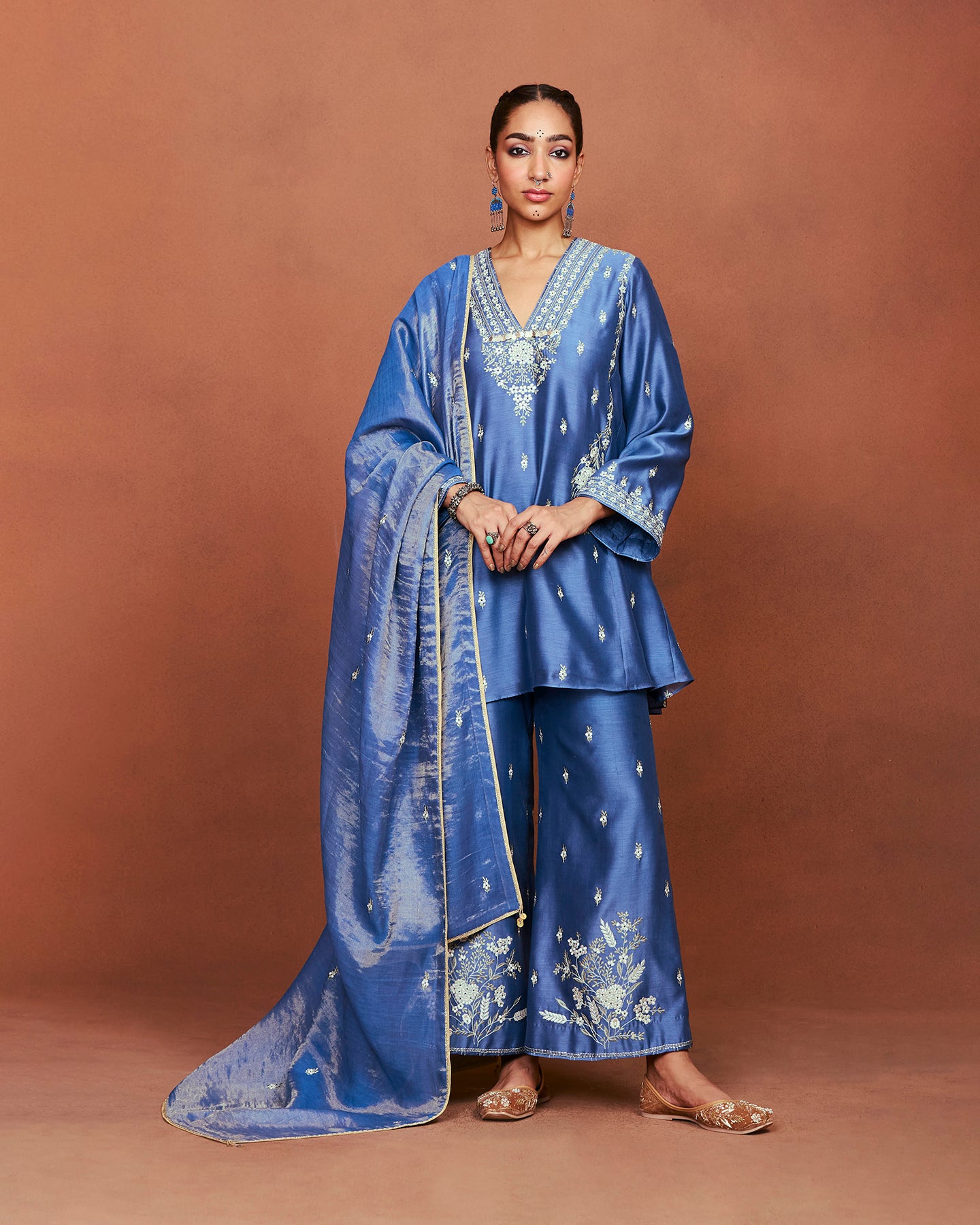 Azi Medium Blue Short Kurta Set
