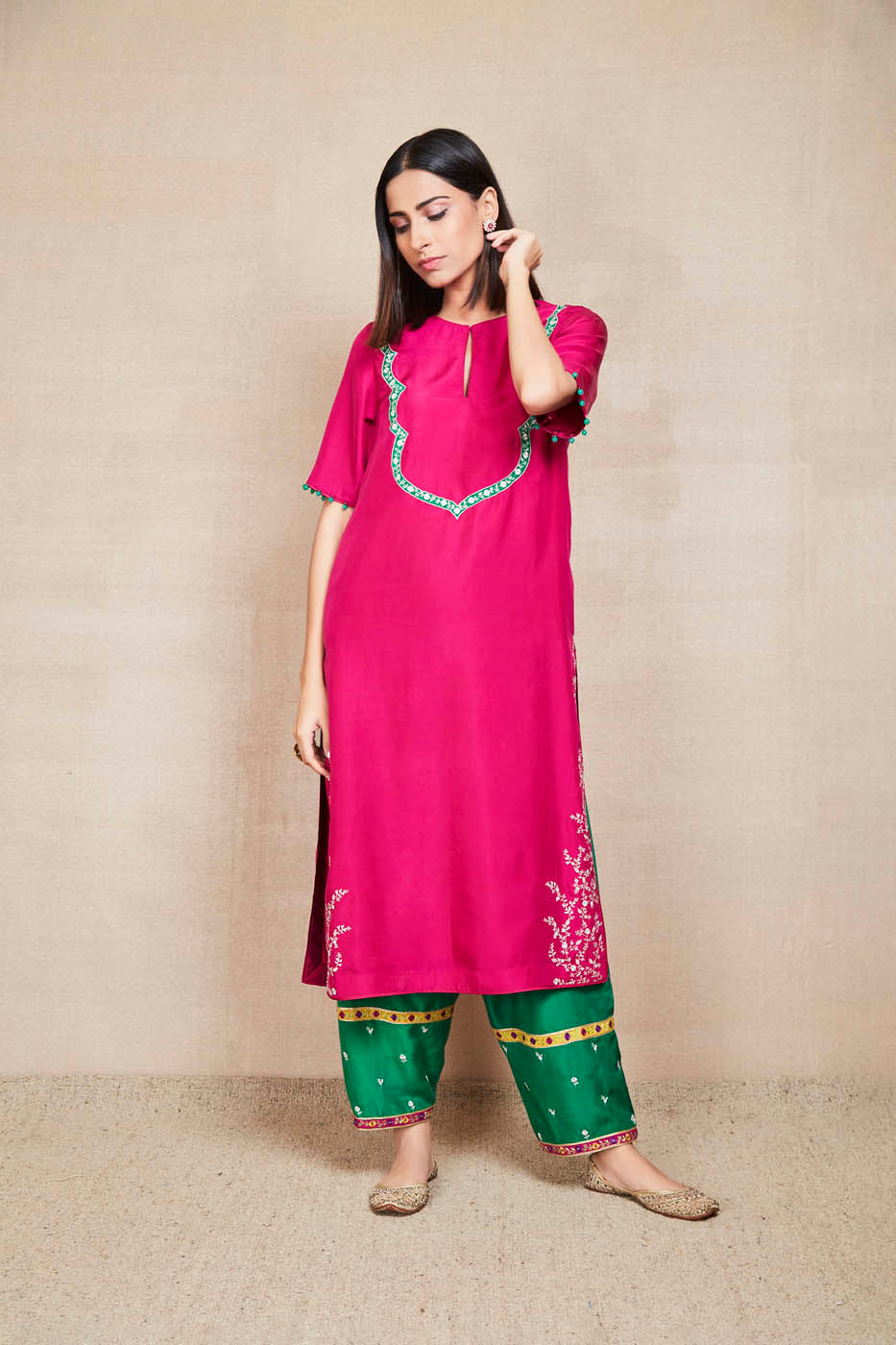 basanti majenta kurta set