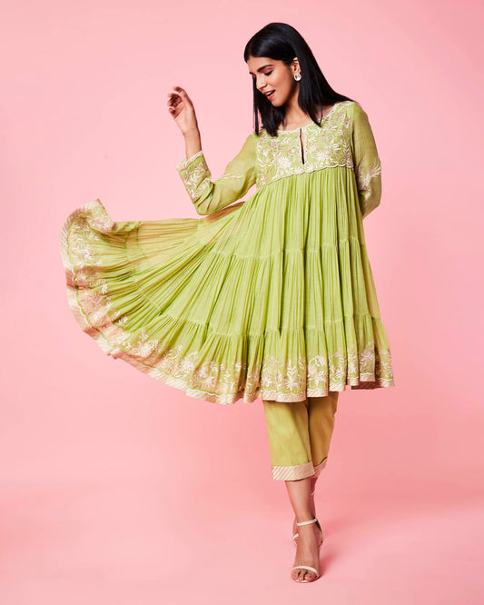 rania anarkali set green