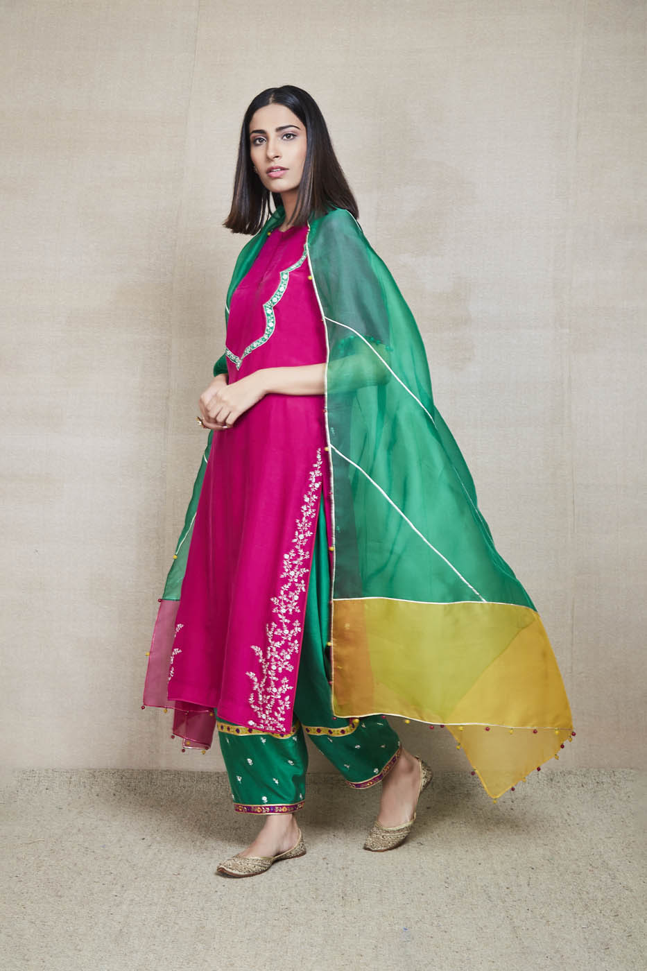 basanti majenta kurta set