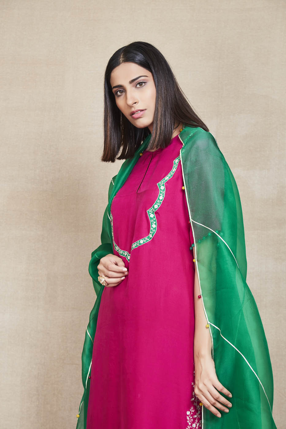 basanti majenta kurta set