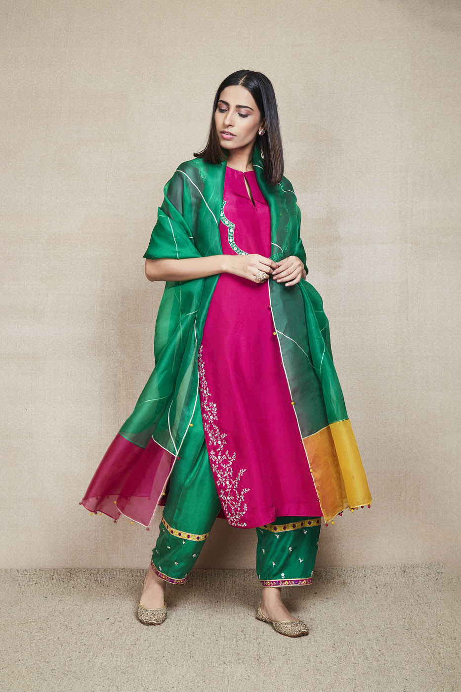 basanti majenta kurta set