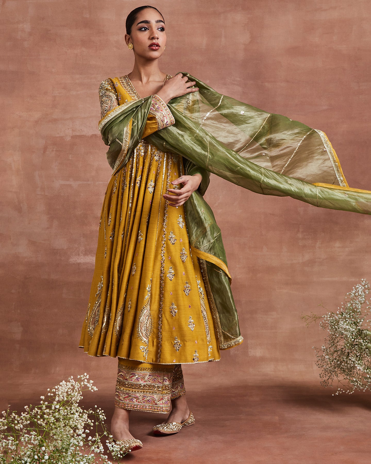 roop anarkali set mustard olive