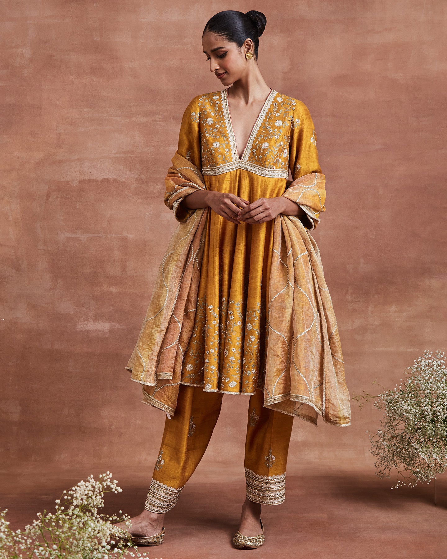 archisha short anarkali set ochre