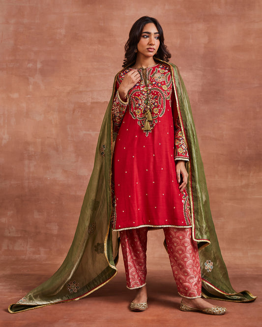 palki kurta set red olive