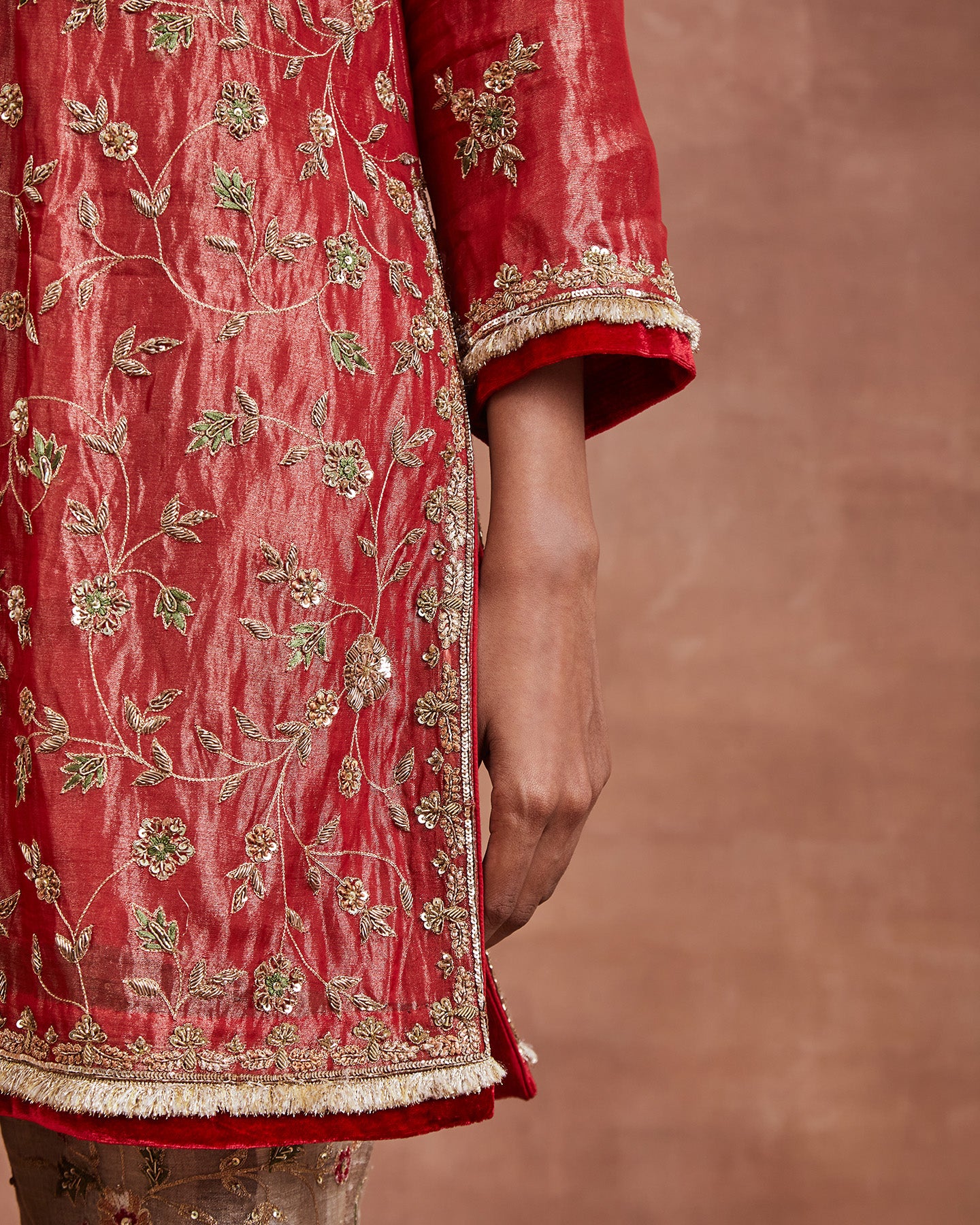 menaha kurta set red beige