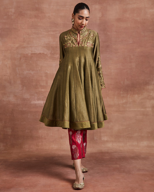 palash anarkali set olive green red