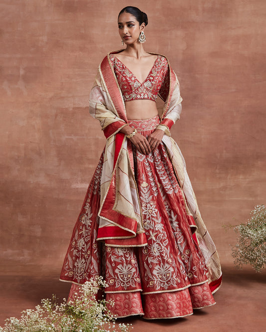 aaloka lehenga set red gold