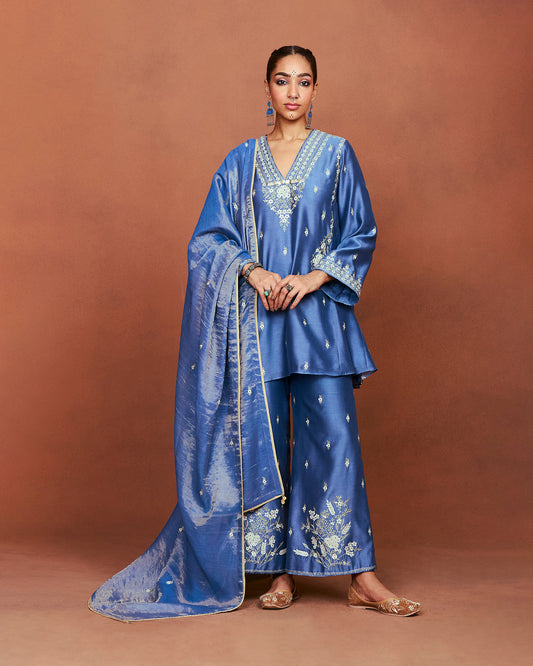 Azi Medium Blue Short Kurta Set